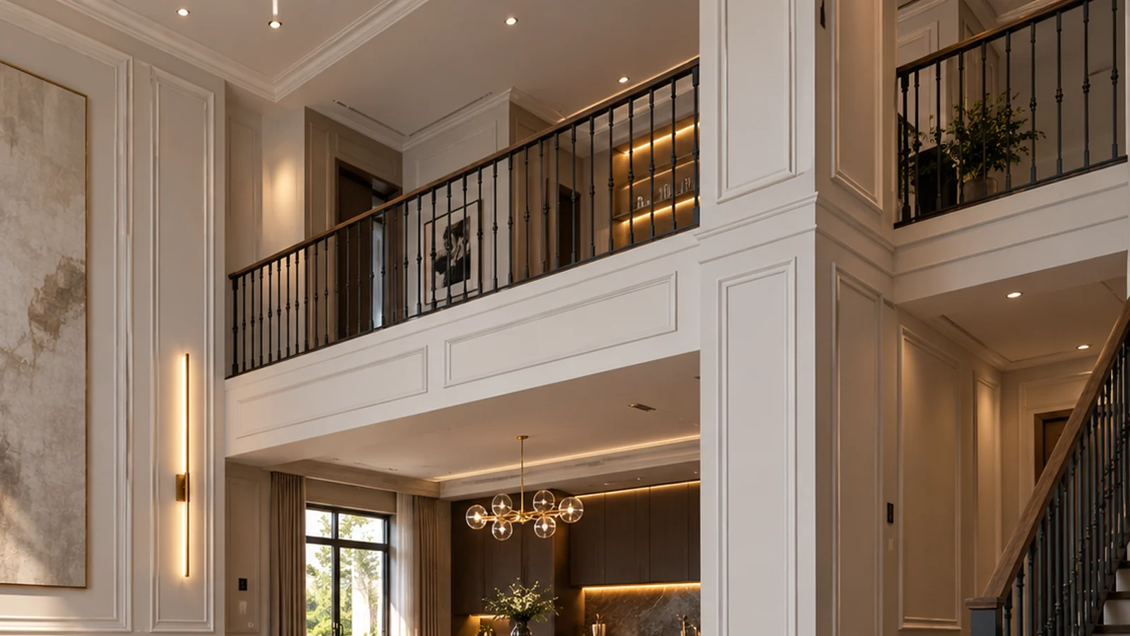 Large architectural view of the upper gallery, railings and decorative wall relief of a double-height room