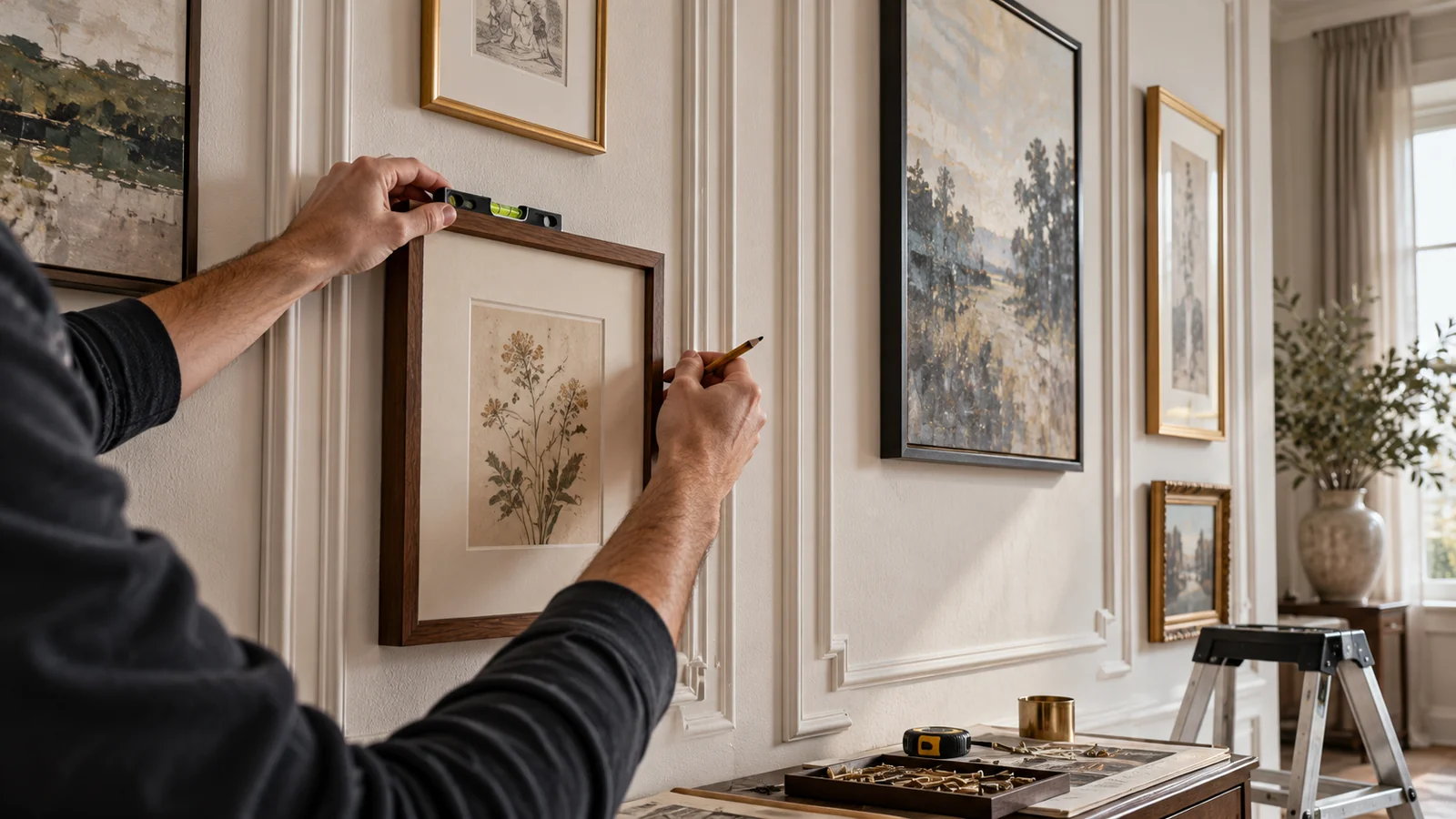 Close-up of installing a botanical painting on a light wall with moldings: a craftsman checks the horizontality of the frame