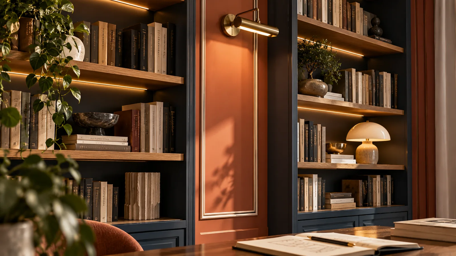 Close-up of bookshelves, a free wall section and decorative lines next to the reading light