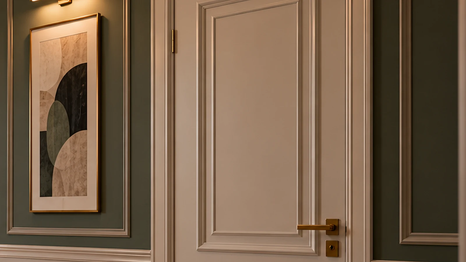 Decorative polyurethane moldings on an interior door leaf, close-up of the corners