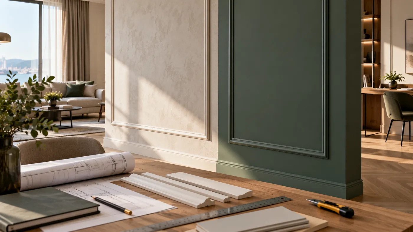 Author's visualization of molding and layout material samples next to two finished wall surfaces
