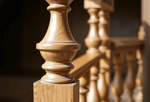 Close-up of first baluster and support column on wooden staircase