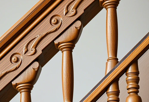 Carved wooden balusters with decorative elements on the staircase, St. Petersburg