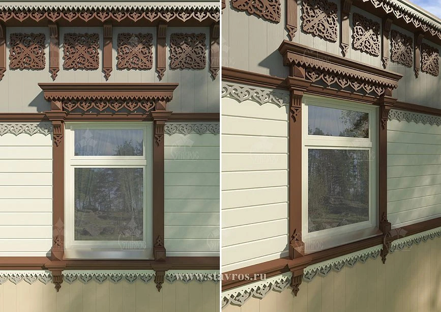 Facade of a wooden house with dark brown carved elements on a light background