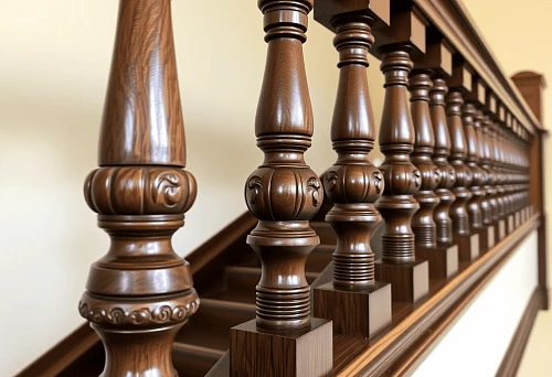 Process of professional installation of balusters and posts on wooden staircase
