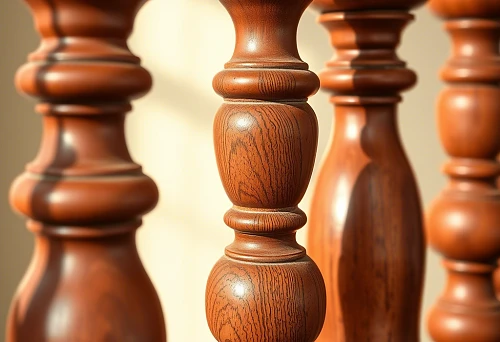 Close-up of wooden balusters with perfect geometry and precisely finished surfaces