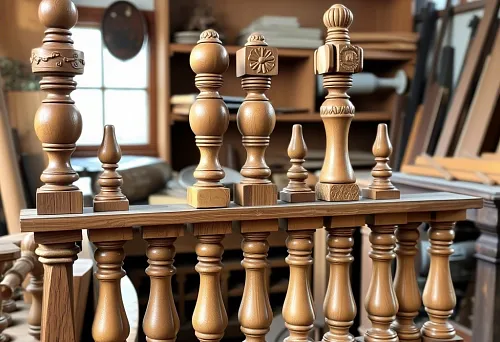 Various Carved Solid Wood Furniture Balusters Displayed on a Joinery Workbench