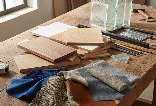 material samples for furniture on the work desk &mdash; wooden panels, glass blanks, metal elements and fabric samples