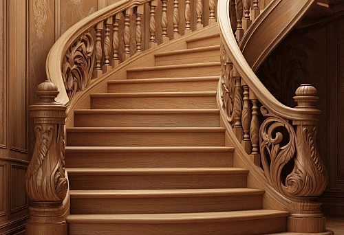 Wooden Staircase with Solid 100x100 Balusters and Carved Elements