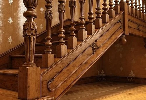 Close-up of a staircase with spiral and carved wooden balusters, rich ornamentation