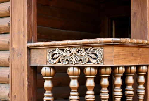 Carved wooden balusters with classic ornamentation against a log structure, architectural design in the style of Rostov-on-Don