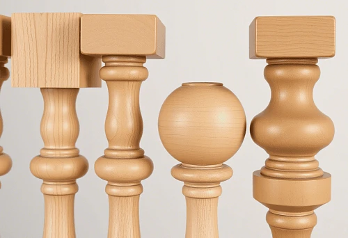 Classic wooden balusters of various shapes and sizes, made from natural wood