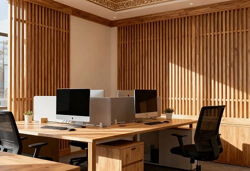 Modern office with wooden slats and ornamental moldings in Russian style