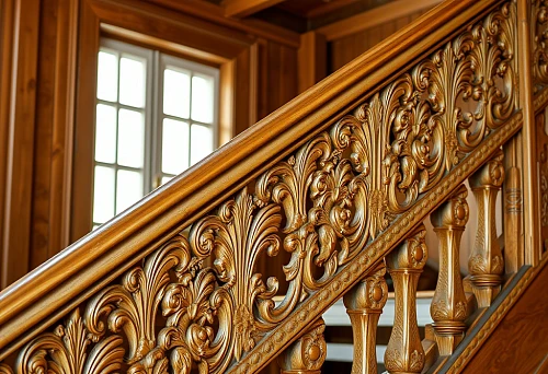 Luxurious carved staircase railing with balusters and decorative elements