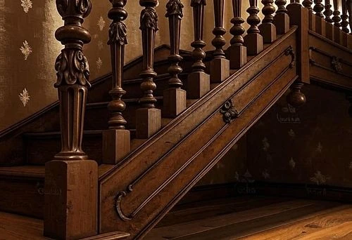 Close-up of wooden stair balusters with decorative carving