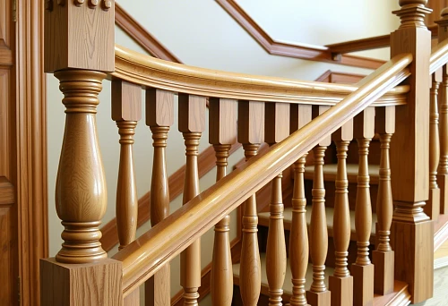 Ready-made baluster set with support posts and handrails made of light-colored wood