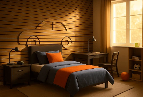Bedroom interior with decorative MDF laths on the wall