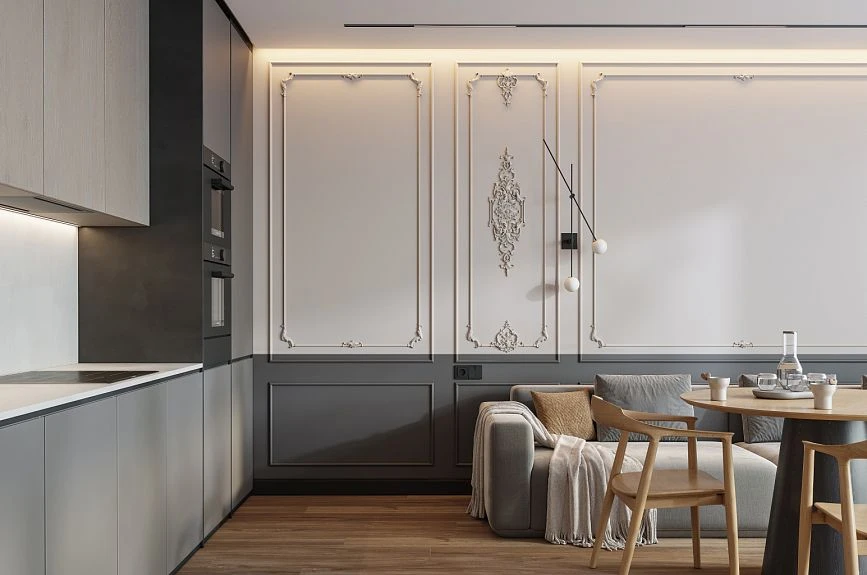 Idea for decorating Verona wall panels INTPU-031 for a kitchen-living room with moldings and a dark lower belt