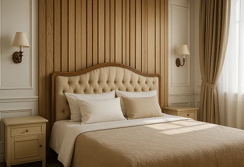 MDF Batten 2700x16x40 mm Behind the Bed in a Classic Bedroom Interior