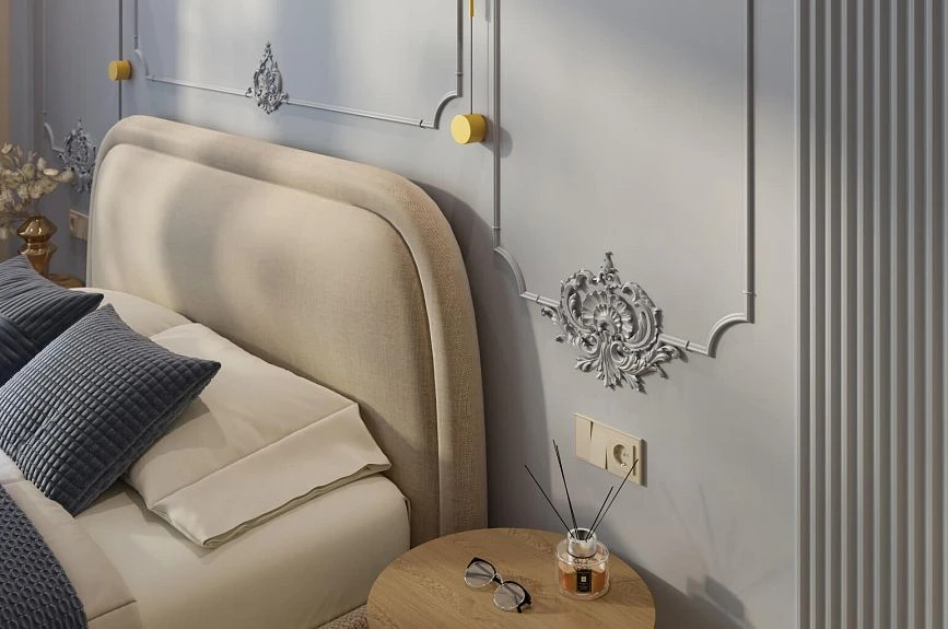 Gray-blue wall panels Petersburg with moldings and stucco overlays in the headboard area of the bed