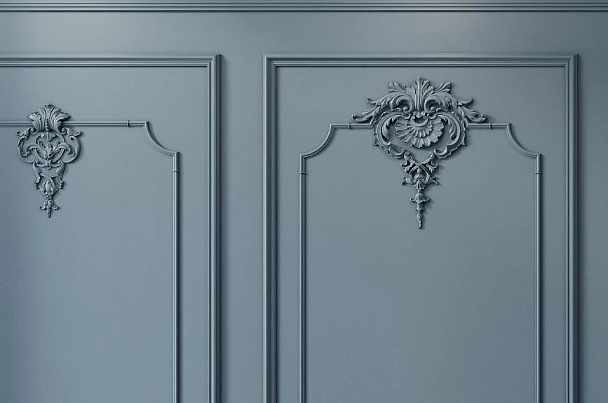 Gray-blue Petersburg wall panels with moldings and top stucco overlays