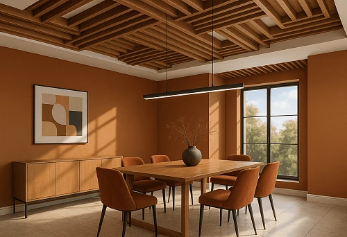 Ceiling with decorative MDF strips in a modern dining room