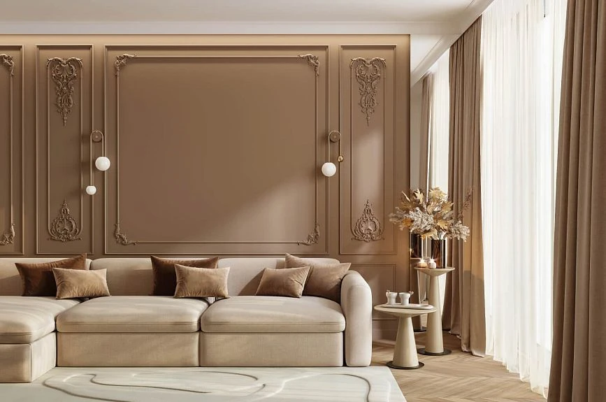 Idea for decorating Peterhof INTPU-037 wall panels with a beige-caramel wall, moldings, and stucco decor