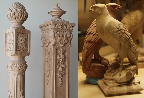 Carved decorative balusters and wooden sculptures of Orlov