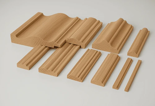 Set of decorative wooden strips and profiles in solid wood on a white background