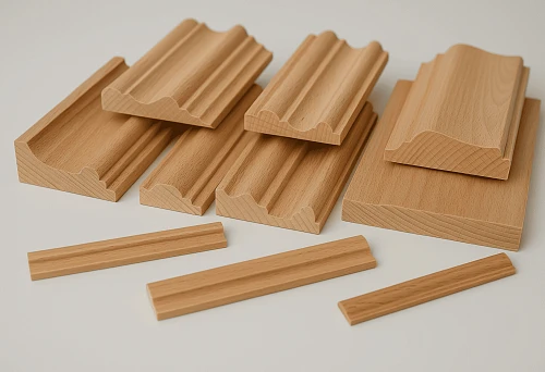 Set of Narrow Wooden Strips with Profiled Edges on a Light Background