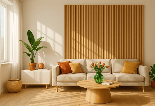 Modern living room interior with decorative MDF strips behind the sofa