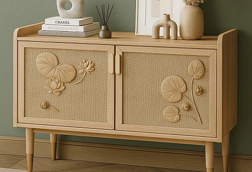 Wooden cabinet with carved leaf and flower decoration.