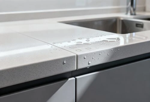 Moisture-resistant phytopolymer in the sink area with clean corners and smooth surface, protected from moisture