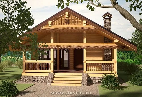 Wooden house with decorative carved facade ornaments