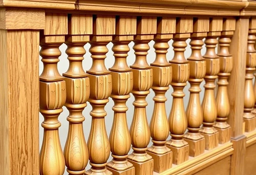 Baldachin balusters made of natural beech for elite staircase structures, showcasing texture and premium quality of European wood