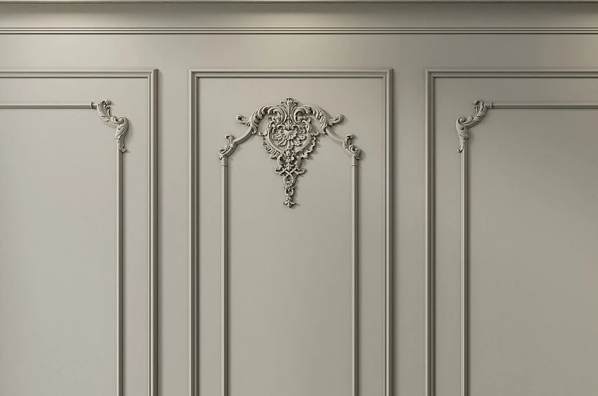 Tsarskoye Selo wall panels with an upper stucco overlay and decorative moldings in gray-olive color