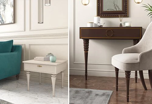 Stylish wooden chairs with soft upholstery and carved legs in classic and modern design