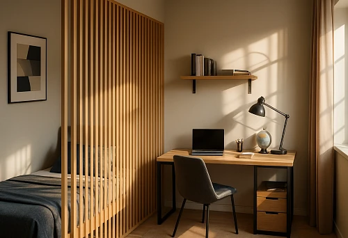 Workplace with an MDF plank partition &mdash; modern interior in St. Petersburg.