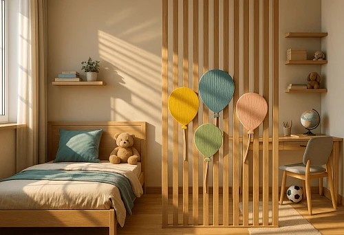 Children's room with an MDF plank partition and decorative balloons
