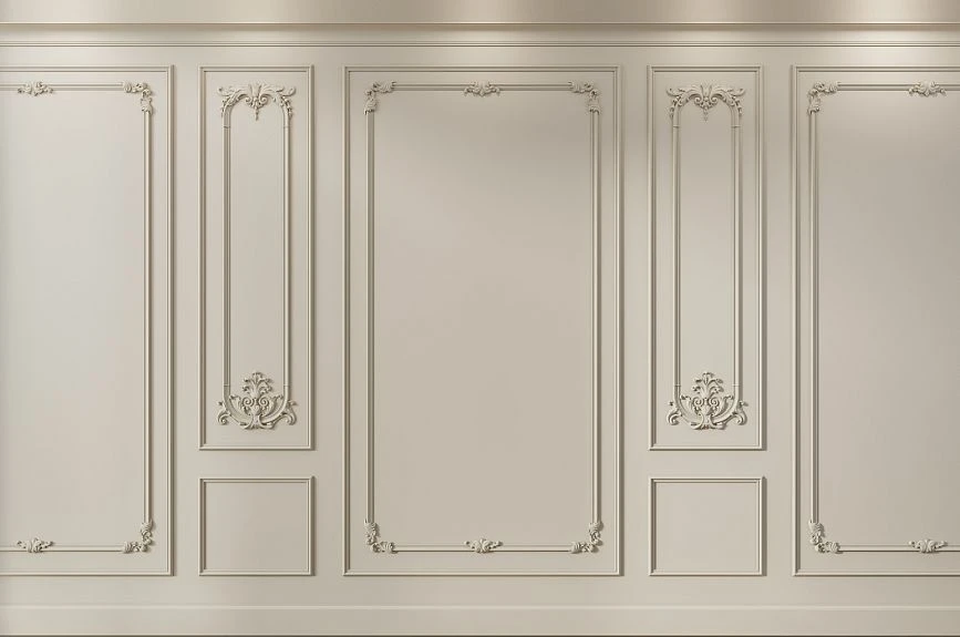 Idea for decorating wall panels Pavlovsk INTPU-040 with light moldings, decorative frames, and stucco overlays