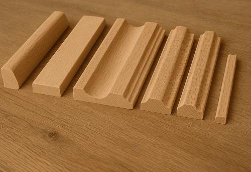 Wooden skirting boards of various shapes and sizes, arranged on a wooden surface