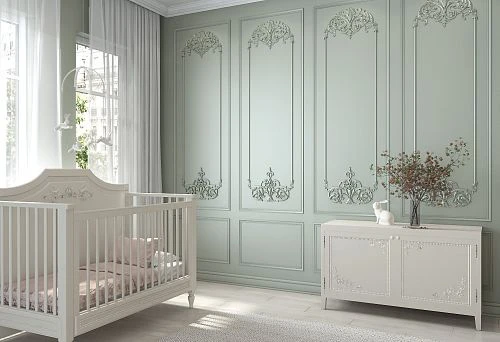 Children's room interior with carved wooden bed and dresser made of solid wood against a wall with classic decor