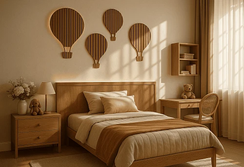 MDF veneered planks oak in the bedroom interior