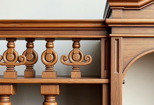 Wooden balusters with decorative carved elements, used in the shelf construction