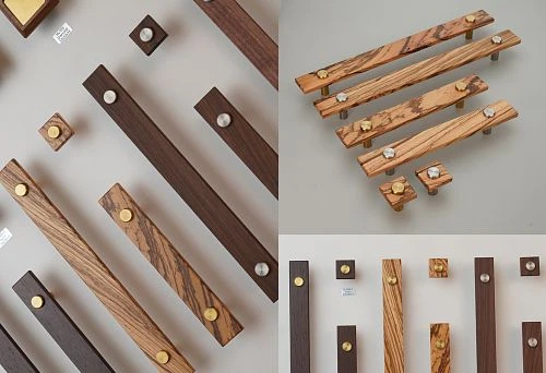 Collection of Wooden Furniture Handles with Decorative Brass and Steel Elements