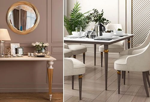 Modern wooden table with exquisite decor in the dining area