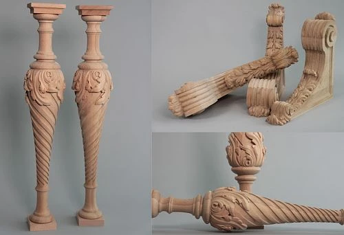 Elegant carved wooden items &mdash; balusters and brackets in classic style
