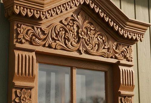 Carved wooden window trim with floral ornament above the window