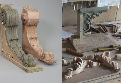 Sculptural wooden brackets at various stages of production, demonstrating carving and finishing.