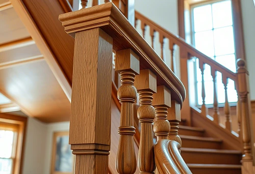 Classic wooden railings and newels on the staircase in a bright home interior, close-up